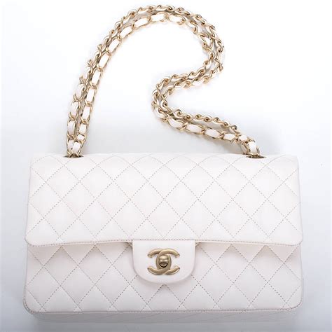 white and gold chanel bag|Chanel classic white handbag.